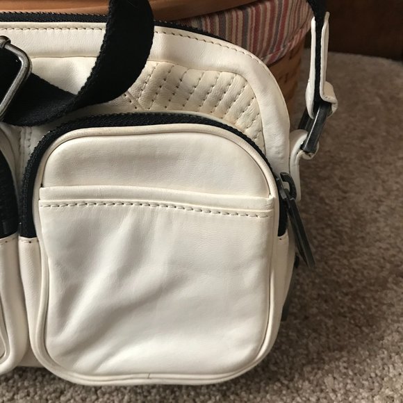 L.A.M.B. White w/Black Zippers Leather Crossbody Bag, Adjustable Strap, Dust Bag - Picture 6 of 16
